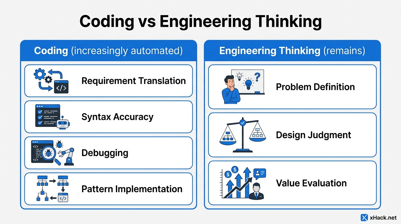 Two-column comparison diagram titled "Coding vs Engineering Thinking." Left column labeled "Coding (
