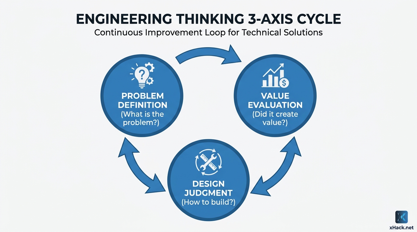 Engineering thinking 3-axis cycle diagram. Three nodes in a clockwise circle: "Problem Definition (W