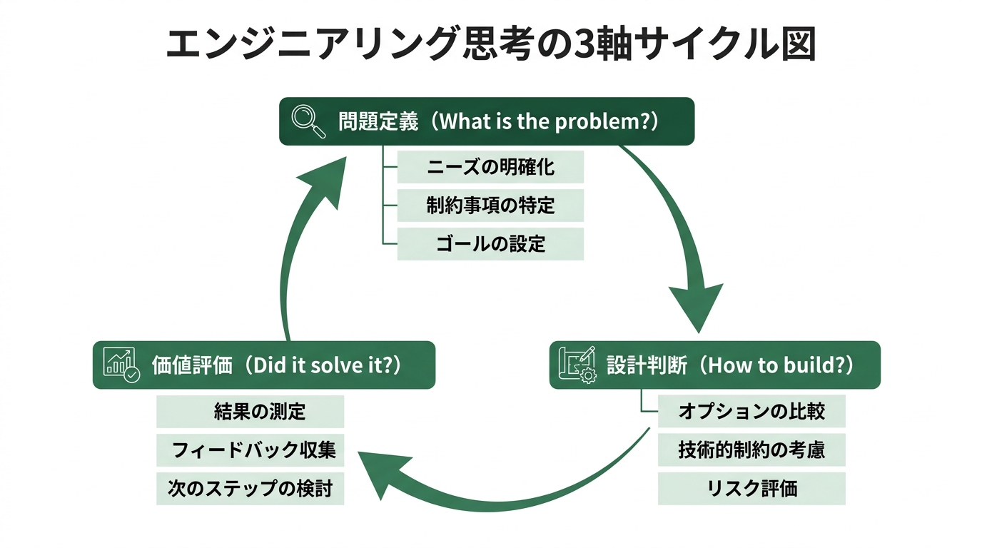 エンジニアリング思考の3軸サイクル図。「問題定義(What is the problem?)」→「設計判断(How to build?)」→「価値評価(Did
