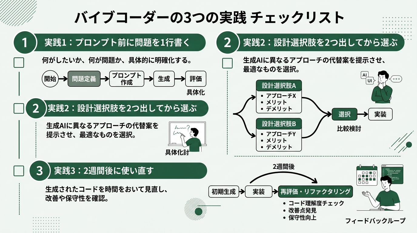 「バイブコーダーの3つの実践」チェックリスト形式の図。「実践1: プロンプト前に問題を1行書く」「実践2: 設計選択肢を2つ出してから選ぶ」「実践3: 2週間後