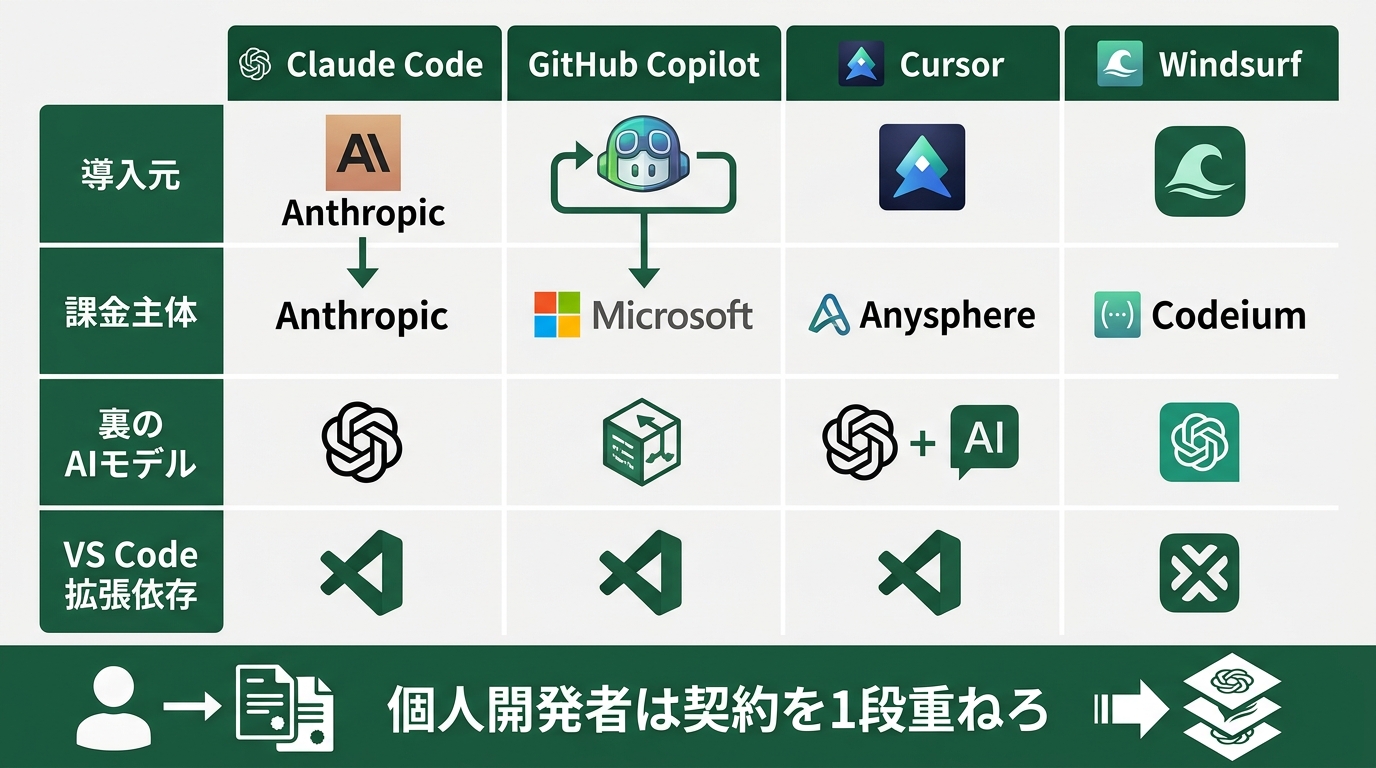 「Claude Code / GitHub Copilot / Cursor / Windsurfの三者構図」を比較する横並びデータグラフィック。横軸にツール名