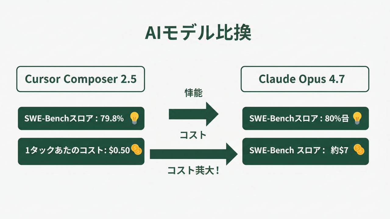 Composer 2.5とOpus 4.7の性能・コスト比較