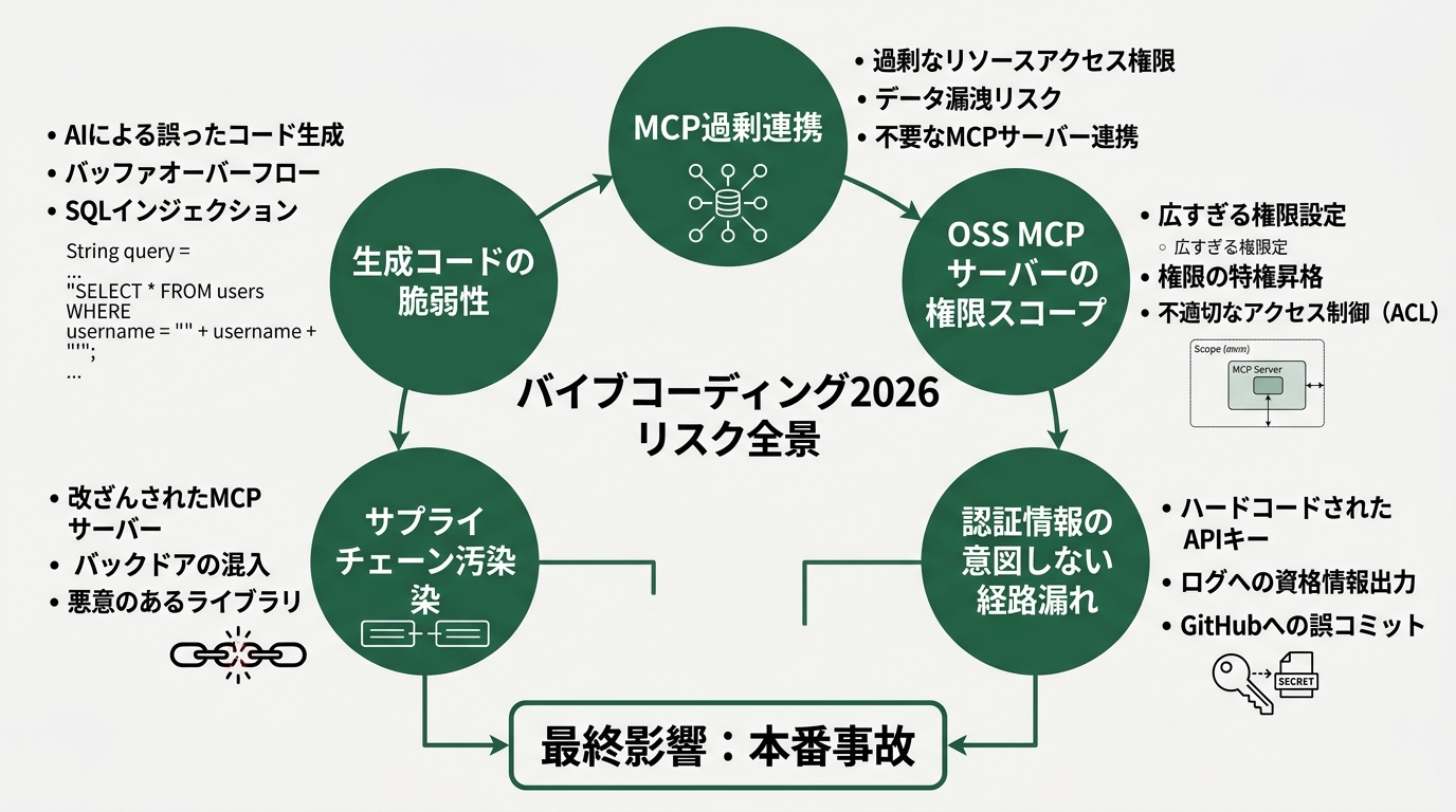 中央に「バイブコーディング2026 リスク全景」と書かれたタイトル