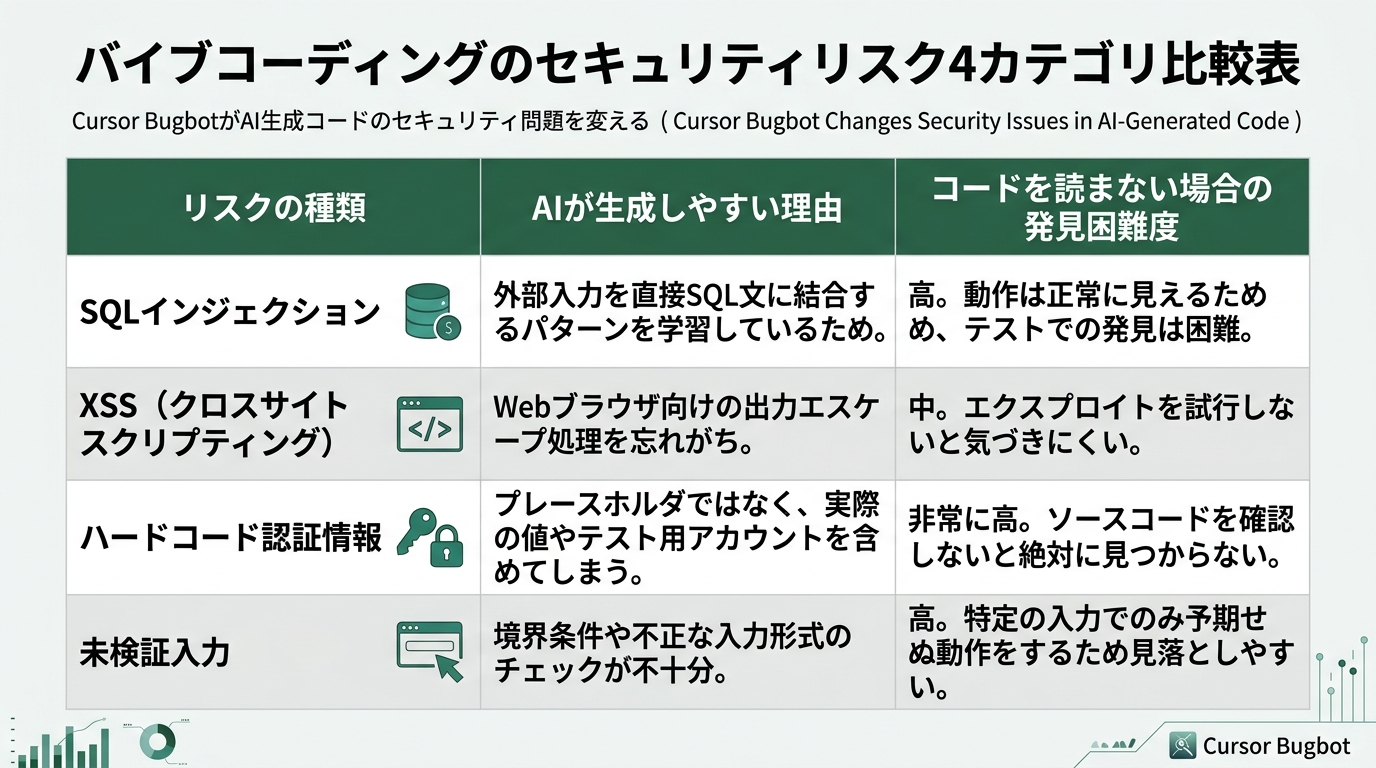 バイブコーディングのセキュリティリスク4カテゴリ比較表