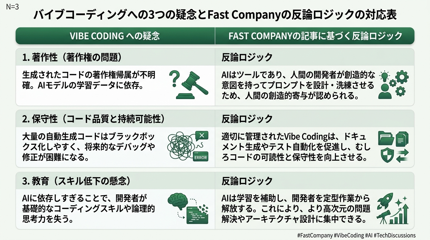 バイブコーディングへの3つの疑念とFast Companyの反論ロジックの対応表