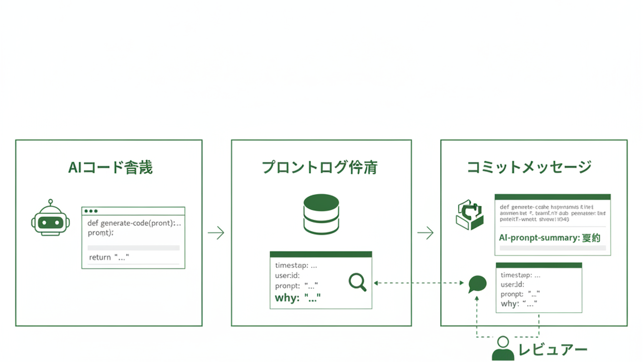 プロンプトログをコミットに残すフロー図