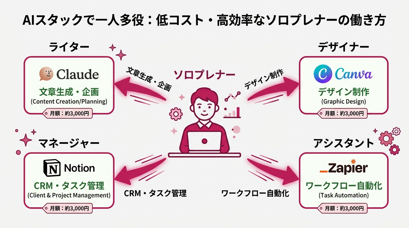 最小構成（月約9,800円・4ツール）とフル活用構成（月約3万円・7ツール）の2段階AIスタック対比表。各列にツール名・月額・主要機能・代替業務を記載