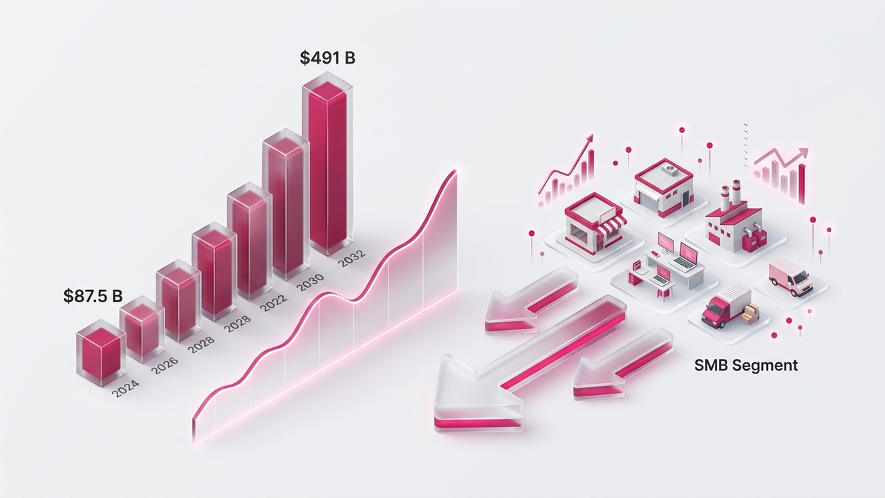 AIコンサル市場規模の成長グラフ（2024年$87.5億→2032年$491億）、SMBセグメントが主要成長ドライバーを示す図解