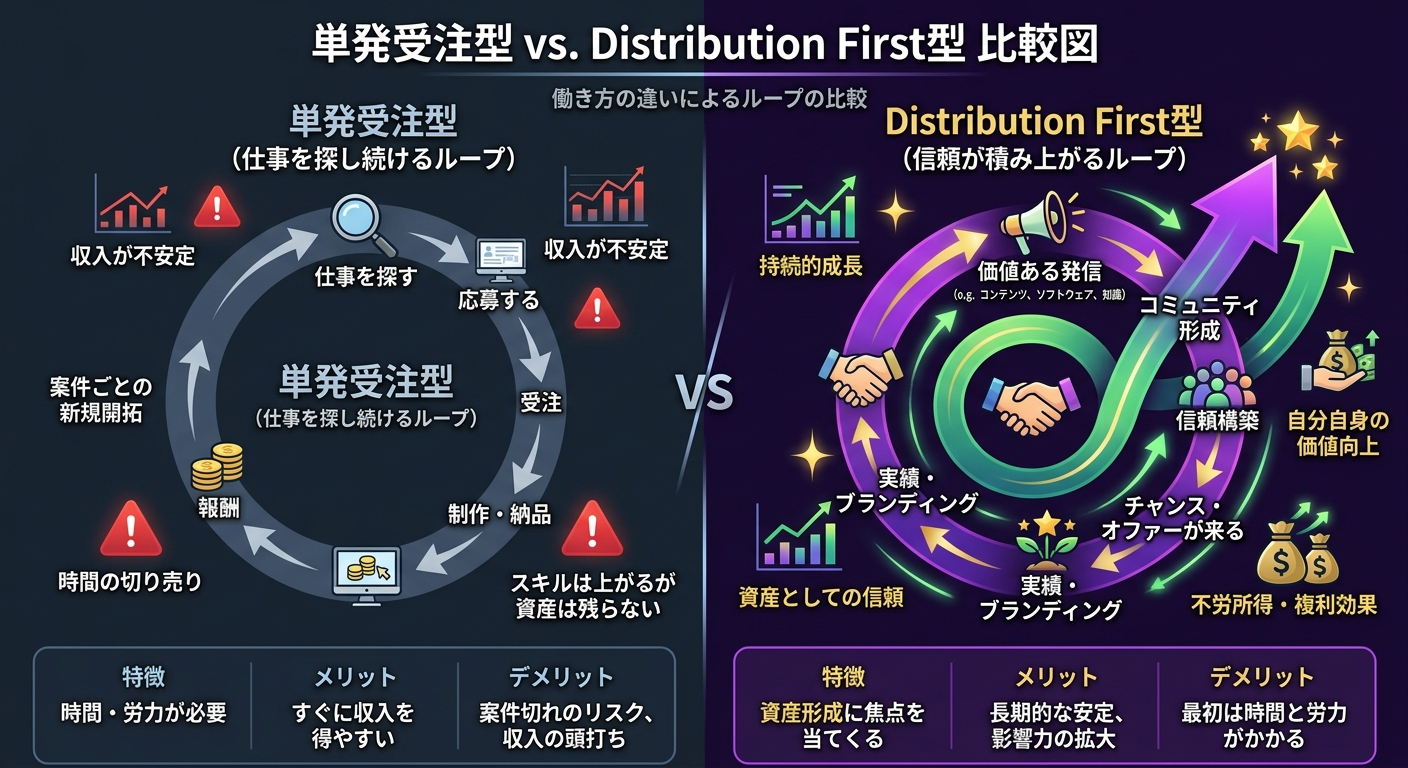 単発受注型（仕事を探し続けるループ）とDistribution First型（信頼が積み上がるループ）の比較図