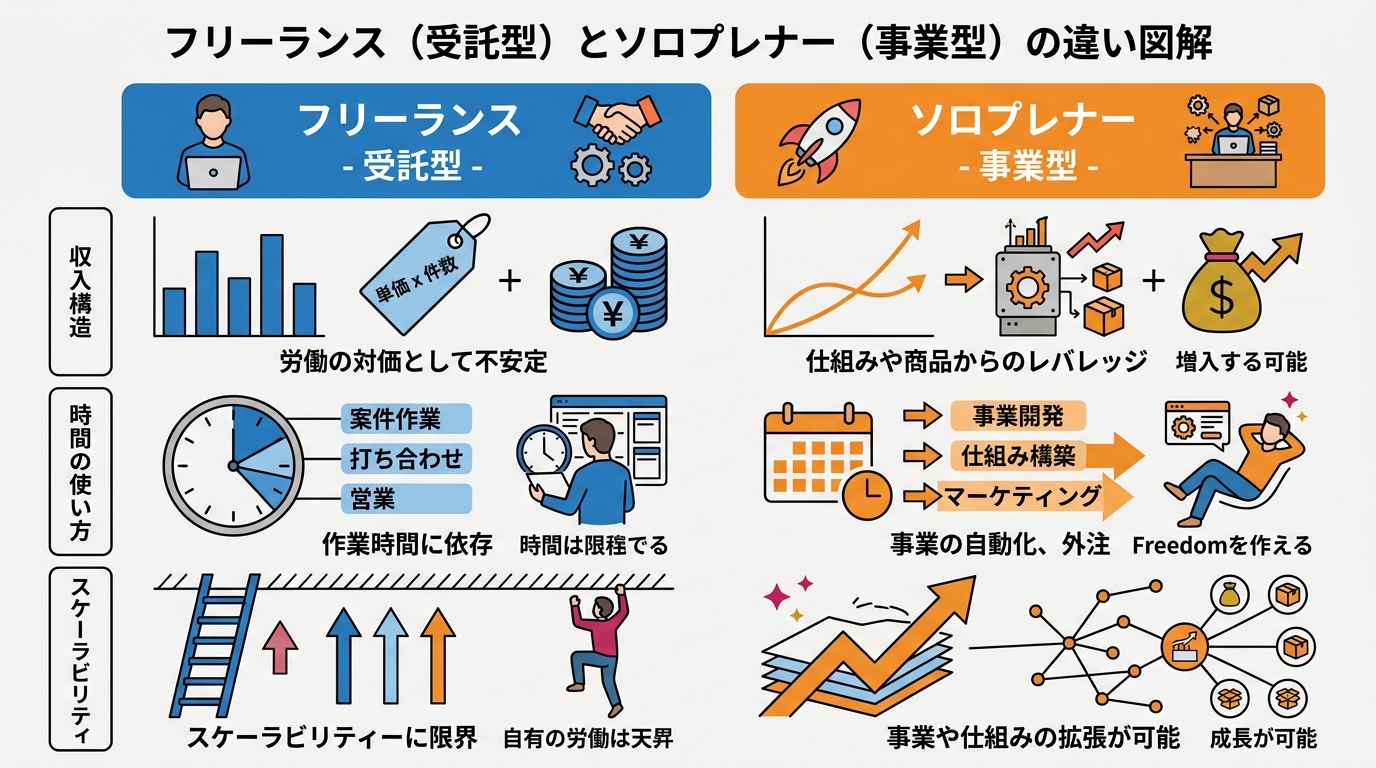 Polsiaのビジネスモデル図解。入力（ビジネスアイデア）→AIエージェント群（リサーチ・LP・広告・メール）→出力（収益）の流れ