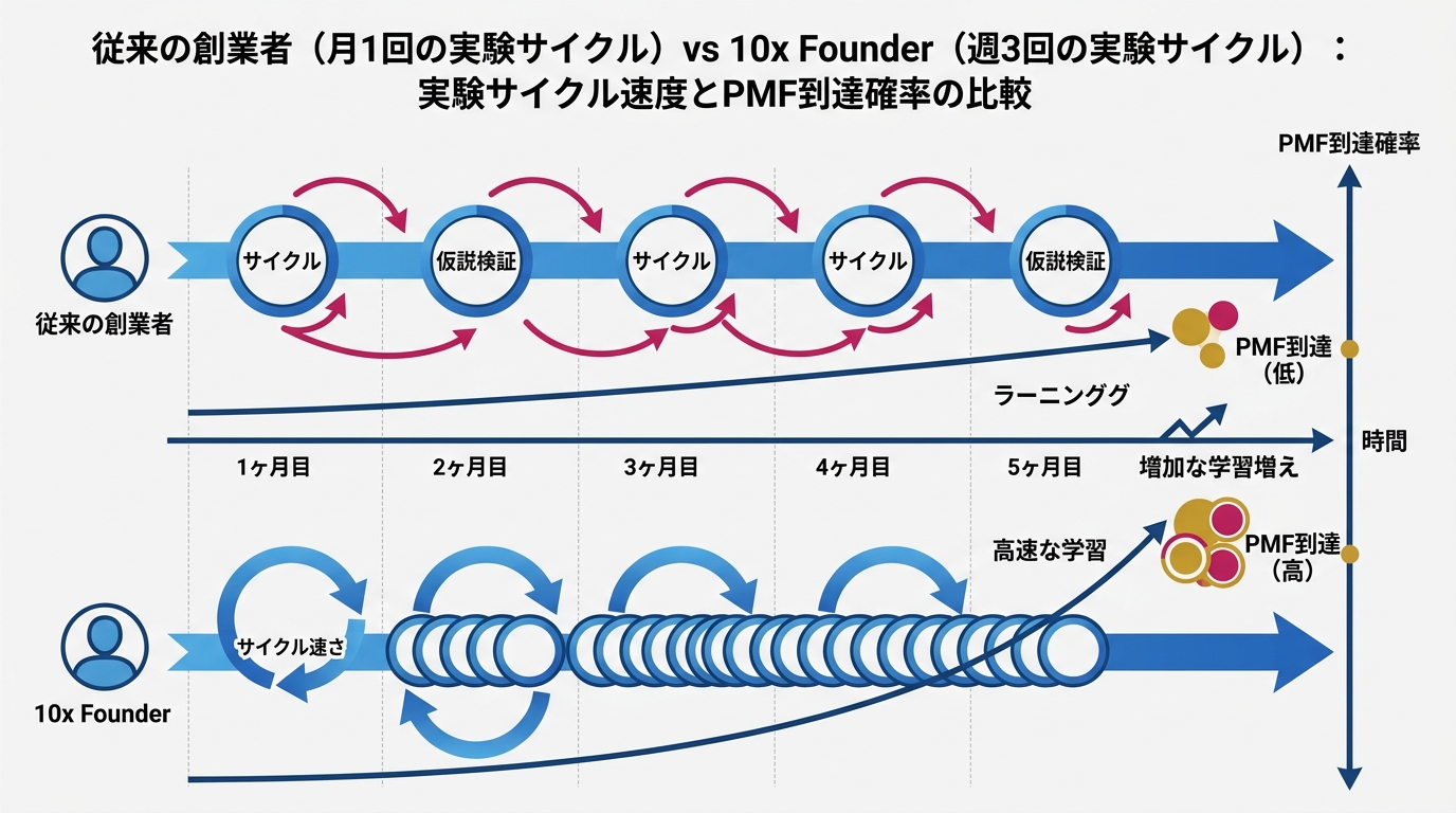 Base44とMedviの比較。初期投資・チーム規模・到達規模・期間を横並びで表示。各数値の下に出典ラベル（Dataconomy/PYMNTS）を明記