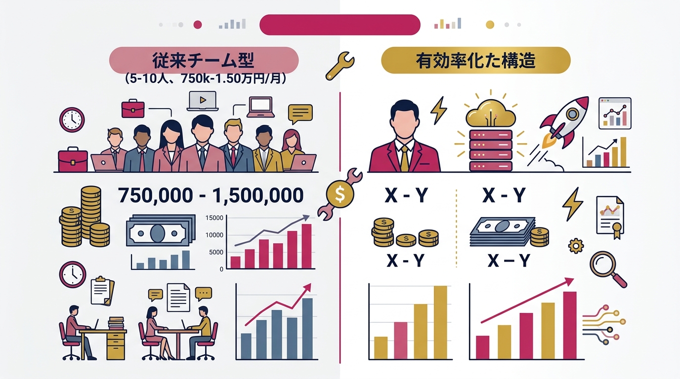 コスト構造の比較。左「従来チーム型（5〜10人・月75万〜150万円）」と右「AIスタック型（1人・月3万〜15万円）」の棒グラフ対比