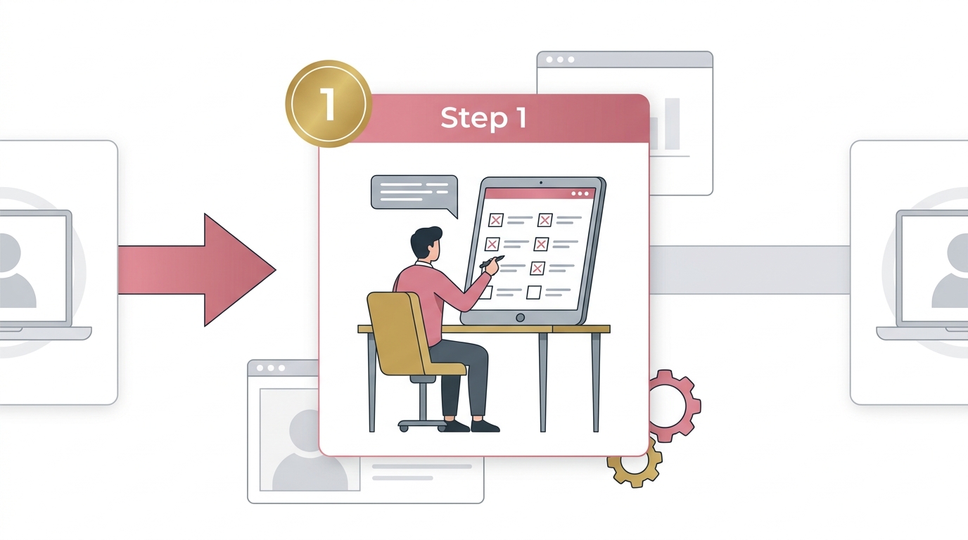 "$20,000の方程式"実践フロー3ステップ。Step1「やらないことリスト作成（10分）」→Step2「AI3本選定（ChatGPT or Claude・C