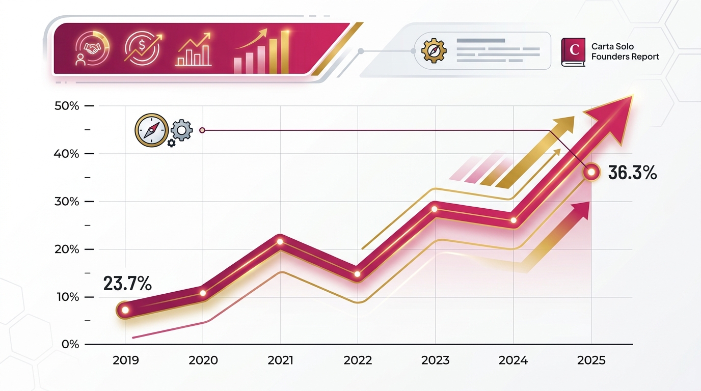 ソロ創業者比率の推移グラフ（2019年23.7%→2025年36.3%）。右肩上がりの折れ線グラフ。凡例に「出典: Carta Solo Founders Re