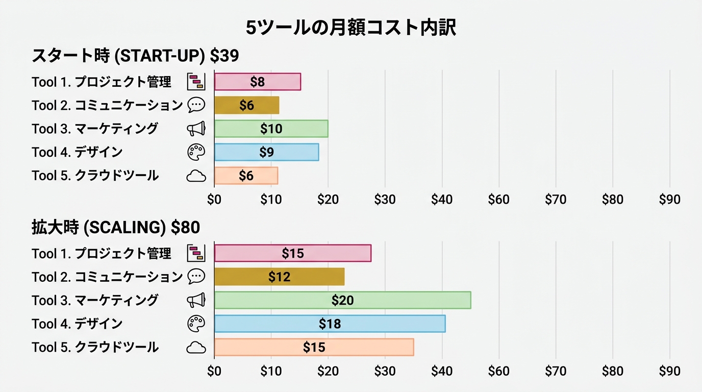 5ツールの月額コスト内訳を棒グラフで可視化。スタート時$39→拡大時$80の2段構成