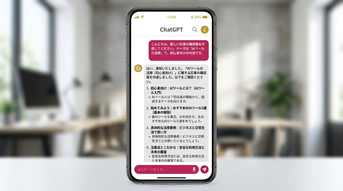ChatGPTに構成作成を依頼したチャット画面のイメージ。4つの見出しが箇条書きで出力されている