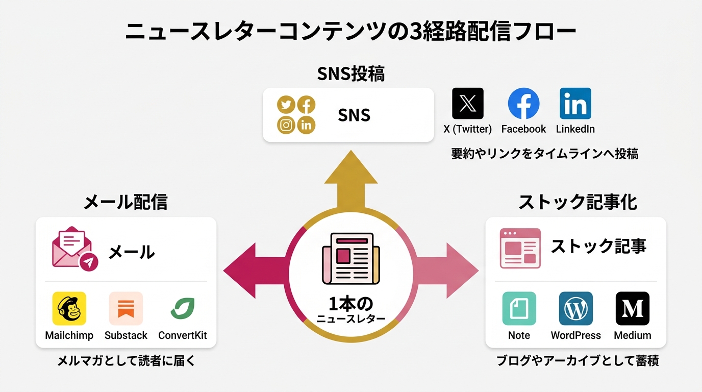 1本のニュースレターから3経路（メール・SNS・ストック記事）に配信されるフロー図。中央にコンテンツ、三方向に矢印