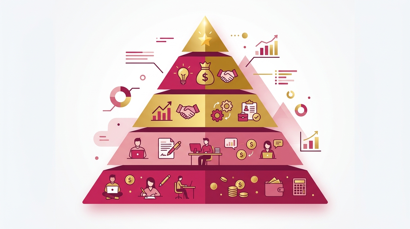 A pyramid diagram of the solopreneur economy. Base: "¥50K-500K/month (the vast majority)." Middle: "$100K-$300K annual income (20%)." Peak: "AI Solo Unicorn ($1B class)"