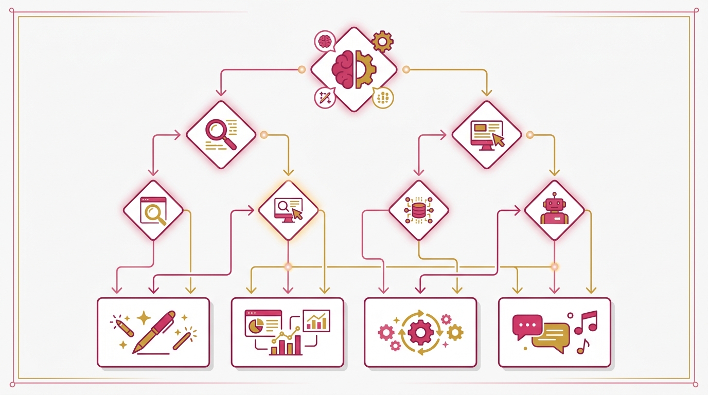 A diagnostic flowchart for the four reader types. Branches from "How much do you use AI?" into the four types, each with a "this week's action" card