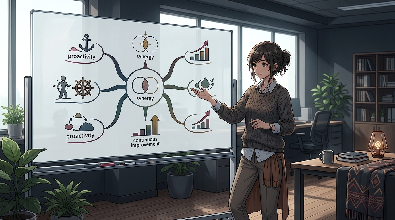 type: eyecatch | style: 明るいオフィス、ホワイトボードに7つの習慣が図解されている、カジュアルな服装