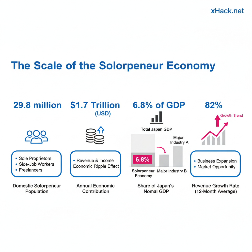Visualizing the scale of the solopreneur economy. Four key stats — 29.8M people, $1.7T, 6.8% of GDP, 82% — displayed prominently, with a reference line comparing to Japan's GDP