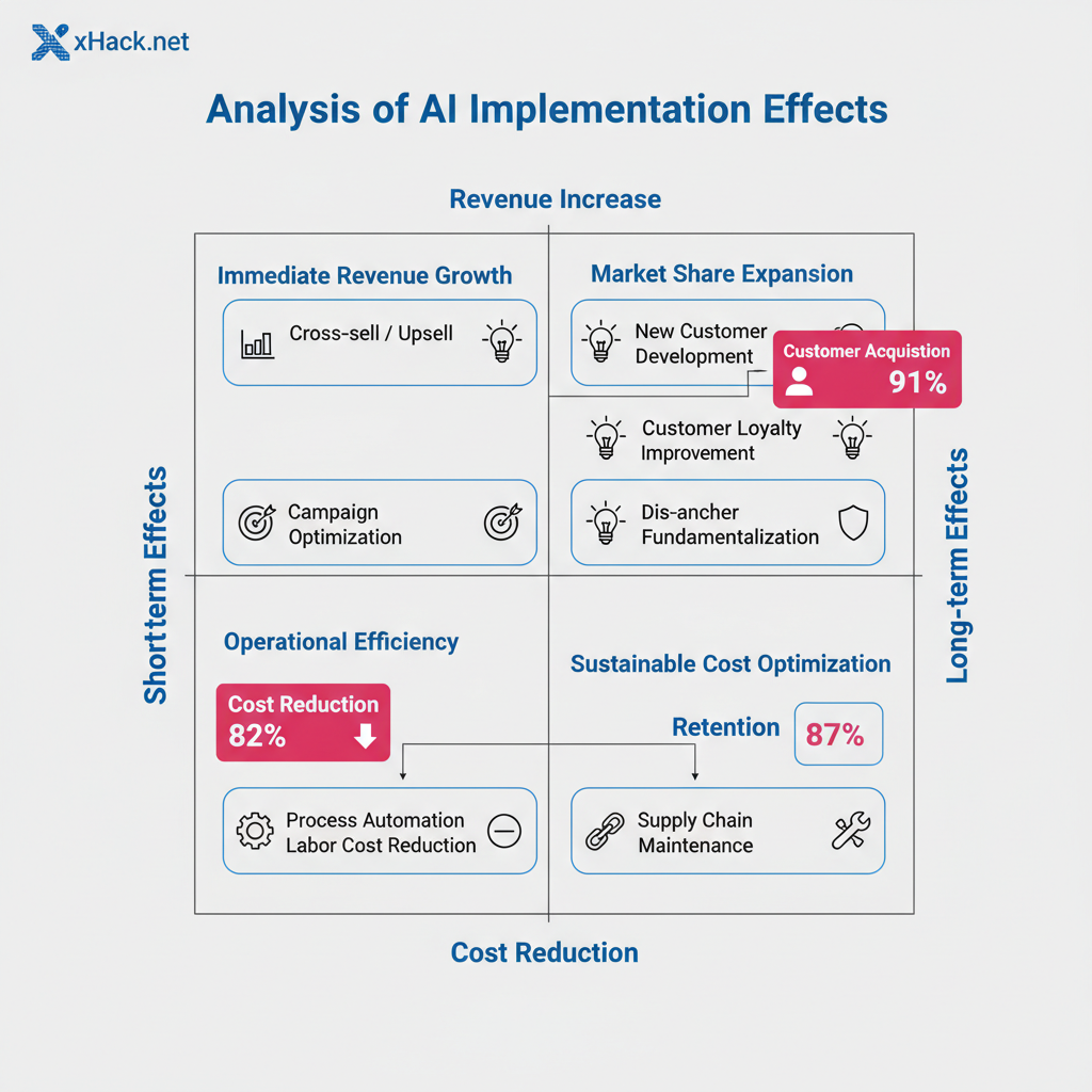 The impact of AI adoption mapped across four quadrants. Vertical axis: cost reduction vs. revenue growth. Horizontal axis: short-term vs. long-term effects. Cost reduction (82%) in the lower left, customer acquisition (91%) and retention (87%) in the upper right