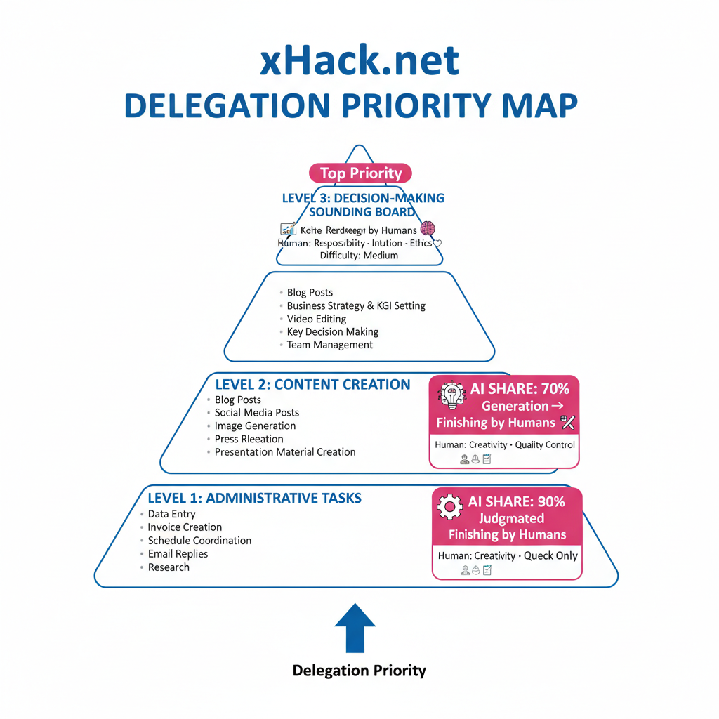 The priority map for letting go. A three-tier pyramid: Level 1 (admin tasks) → Level 2 (content creation) → Level 3 (decision-making sounding board). Each level includes example tasks and 'AI ownership percentage'