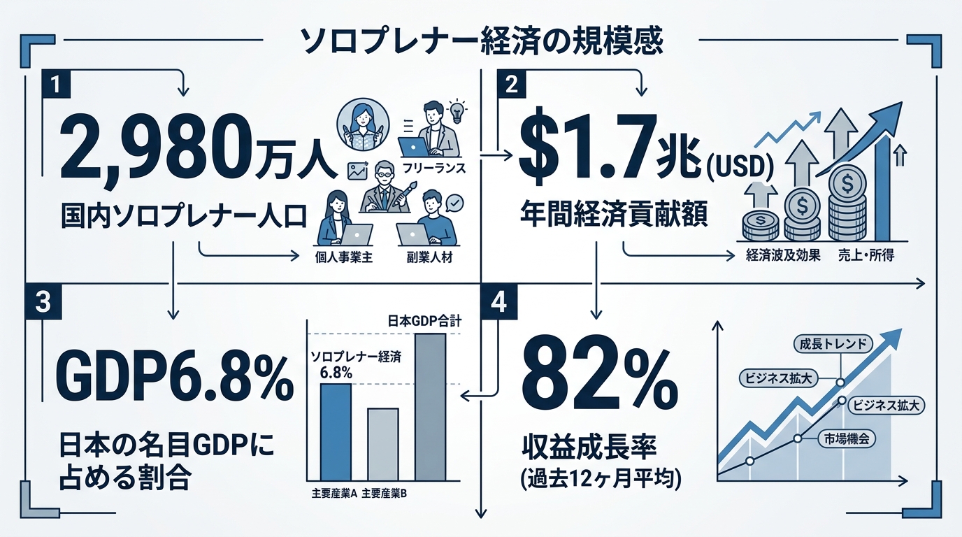 ソロプレナー経済の規模感を可視化。2,980万人・$1.7兆・GDP6.8%・82%の4つの数字を大きく配置し、日本GDP比較の補助線を添える