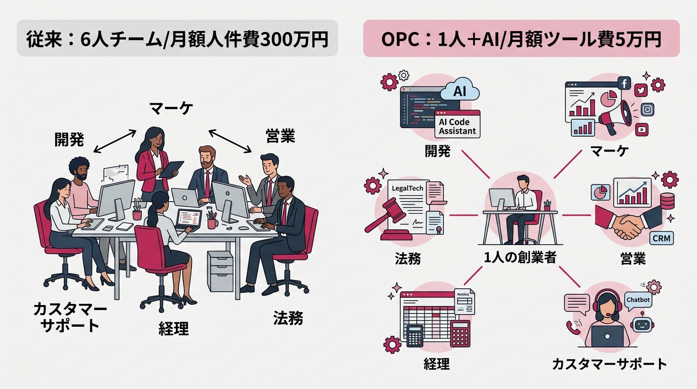 OPCの仕組みを示す図解。中央に「1人の創業者」、そこからAIツールで繋がる6つの業務領域（開発・マーケ・営業・カスタマーサポート・経理・法務）を放射状に配置。