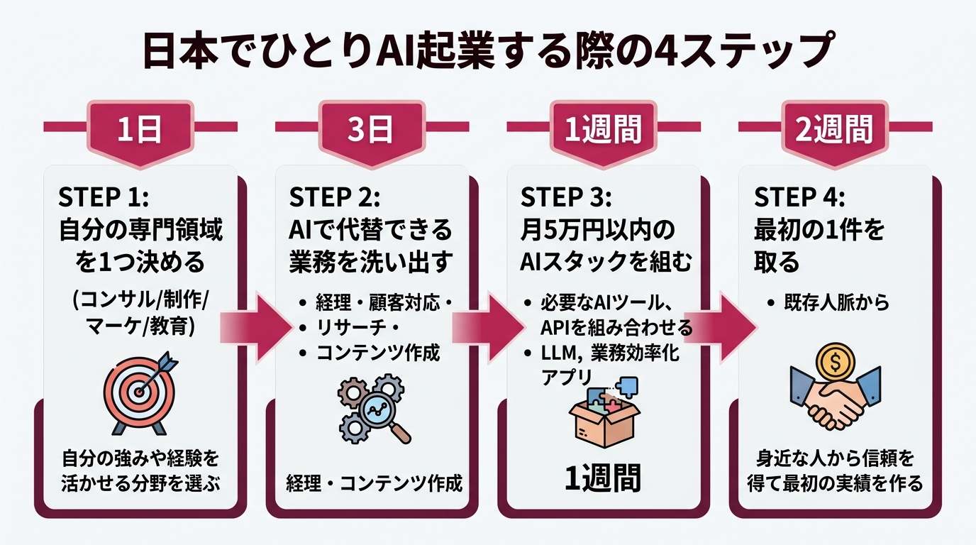 日本でひとりAI起業する際の4ステップを示すフロー図。Step1「自分の専門領域を1つ決める（コンサル/制作/マーケ/教育）」→Step2「AIで代替できる業務