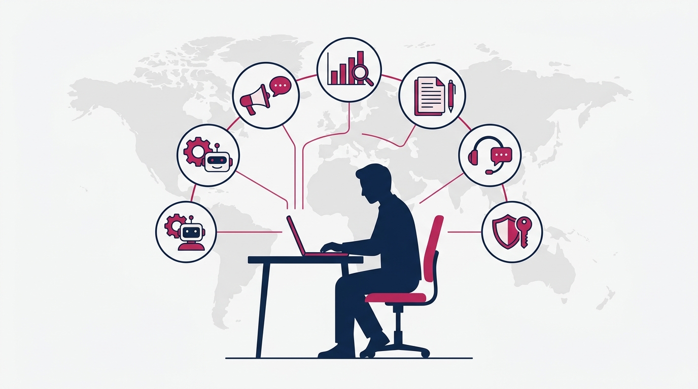 「ひとりAI企業」の未来を示すイラスト。ノートPC1台を前にした人物のシルエットと、その周囲にAIアシスタントのアイコンが6つ浮かぶ。背景にうっすら世界地図。「