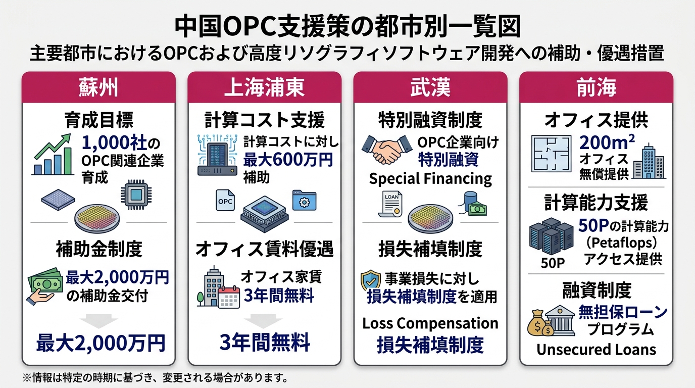 中国OPC支援策の都市別一覧図。蘇州（1,000社育成/最大2,000万円補助金）、上海浦東（計算コスト最大600万円/家賃3年無料）、武漢（特別融資/損失補填