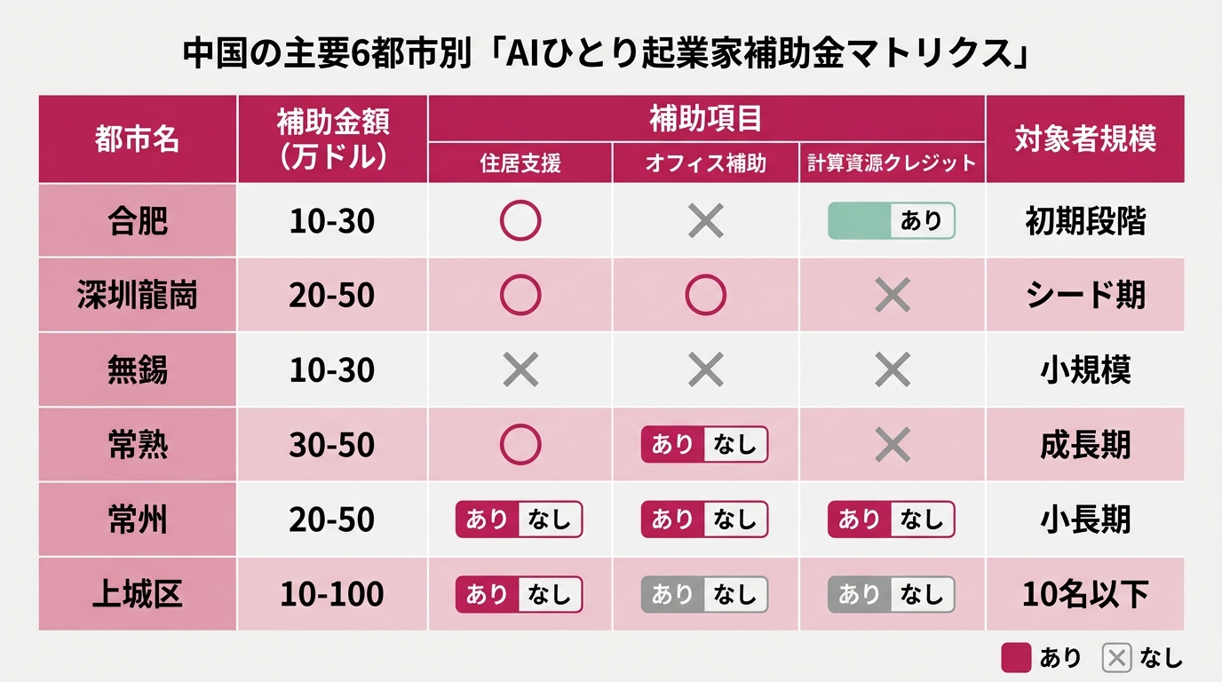 中国の主要6都市別「AIひとり起業家補助金マトリクス」。横軸: 補助金額（万ドル）、縦軸: 都市名（合肥・深圳龍崗・無錫・常熟・常州・上城区）、各都市の「住居支
