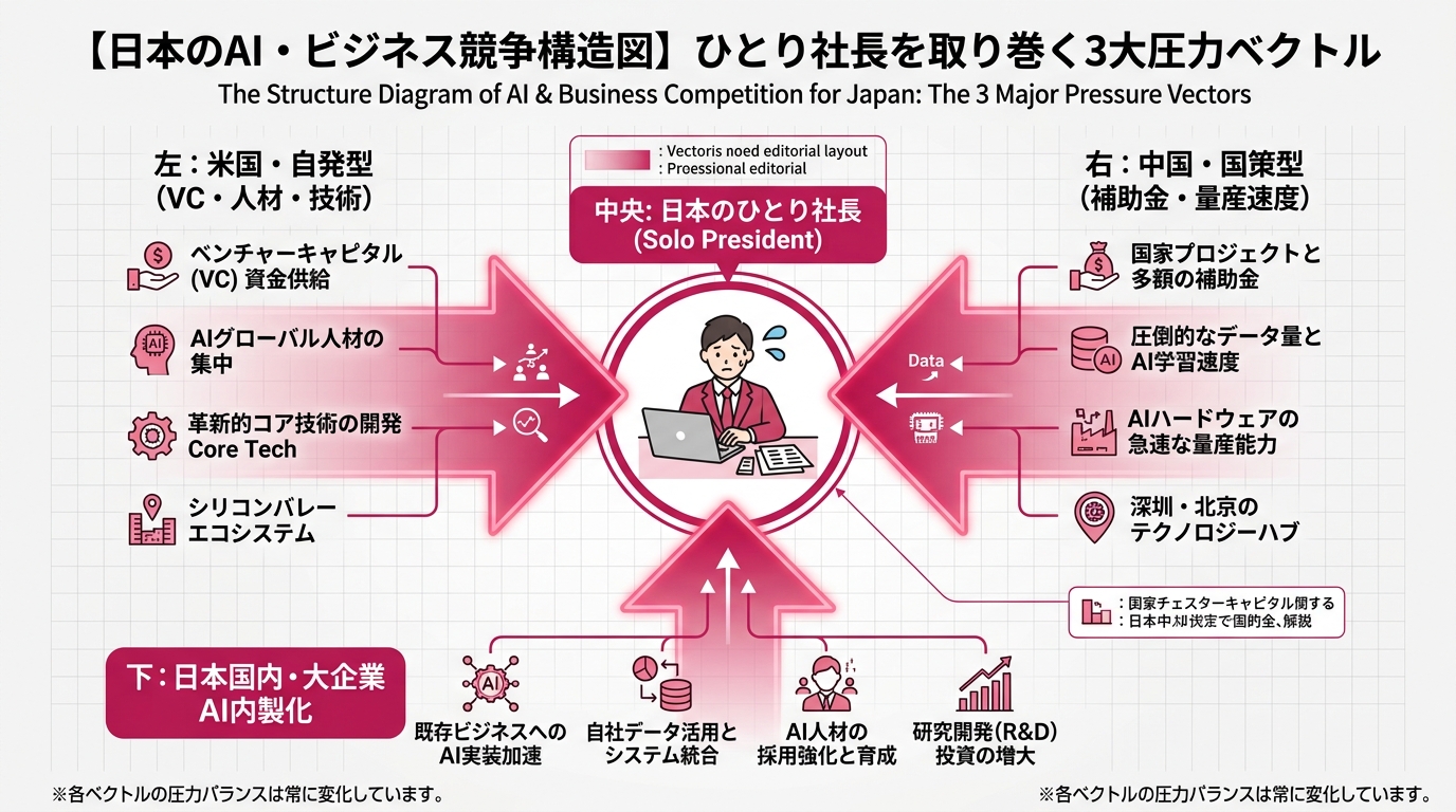 日本のひとり社長を中央に、3方向から圧力ベクトルが伸びる構造図。左から「米国・自発型（VC・人材・技術）」、右から「中国・国策型（補助金・量産速度）」、下から「