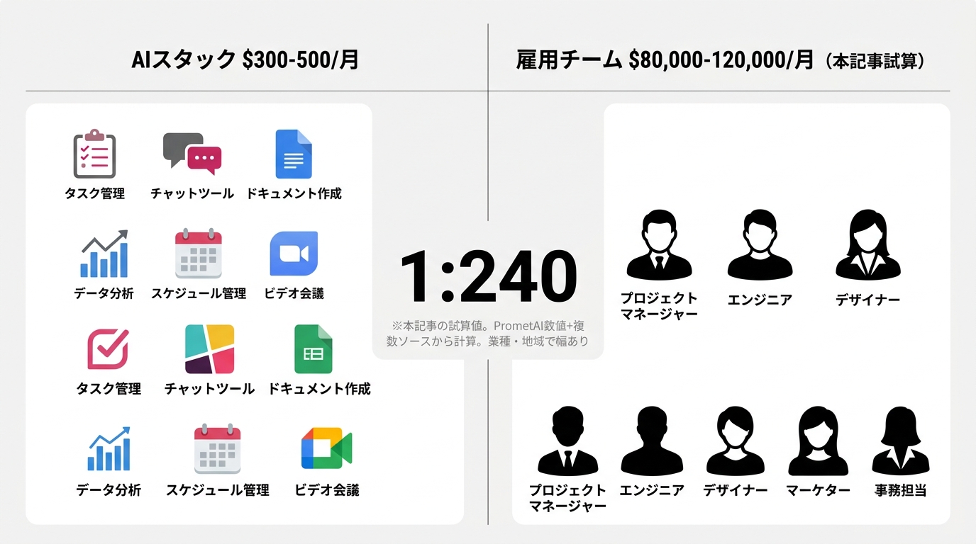 PrometAI数値と本記事試算の「1:240」を視覚化した左右対比図。左側に「AIスタック $300-500/月」と6個の小さなツールアイコン、右側に「雇用チ