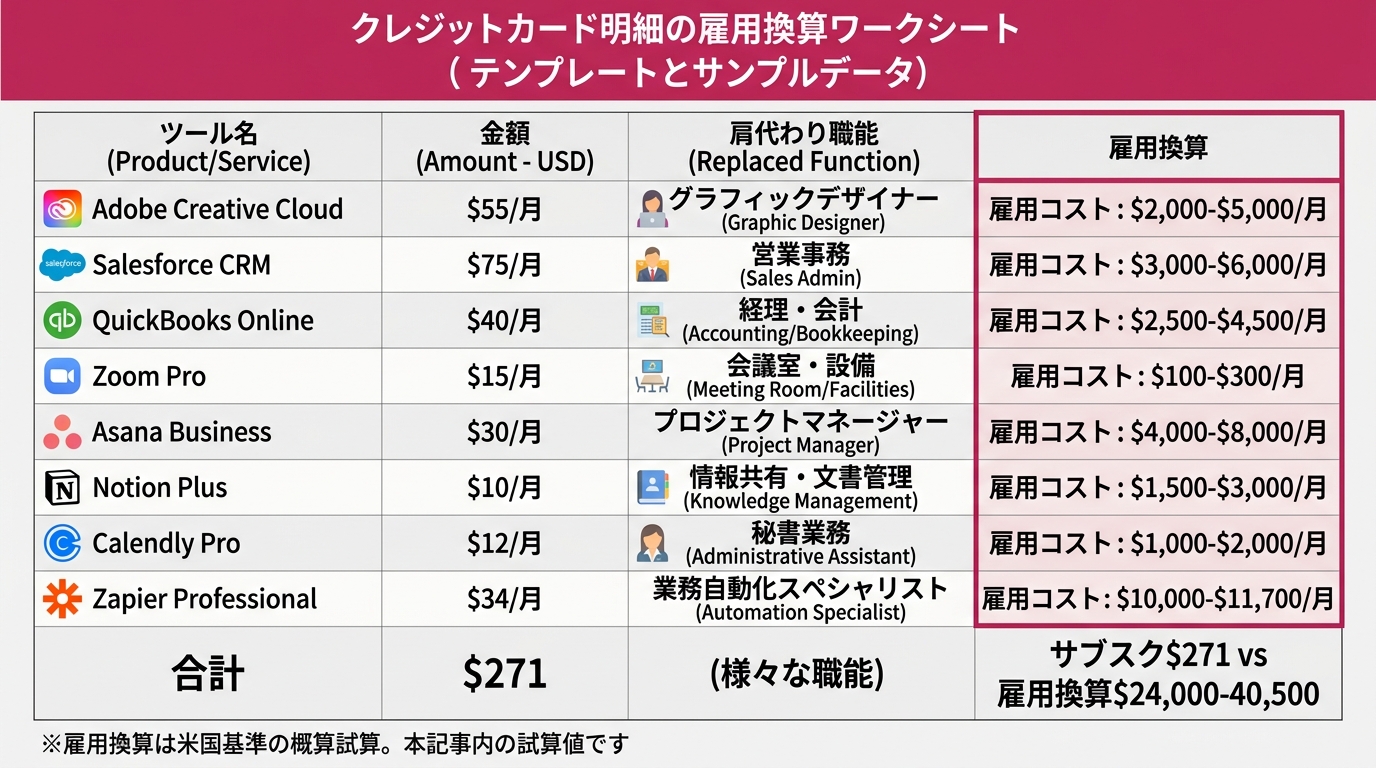 クレカ明細を「ツール名」「金額」「肩代わり職能」「雇用換算」の4列表に書き直したワークシートのテンプレート。サンプルデータ入りで合計欄に「サブスク$271 vs