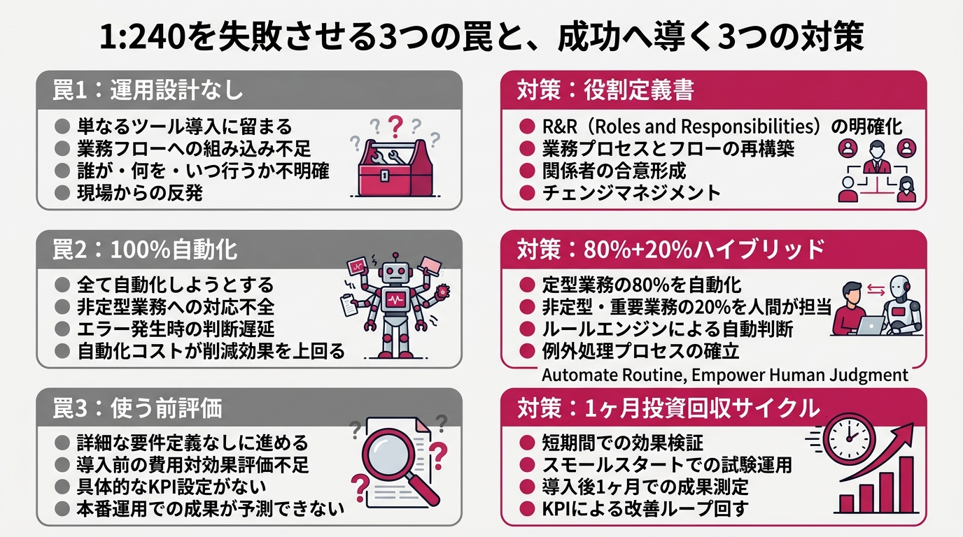 1:240が機能しない3つの罠を3層フローチャートで整理した図解。各層に「罠1: 運用設計なし」「罠2: 100%自動化」「罠3: 使う前評価」とラベル、各層の