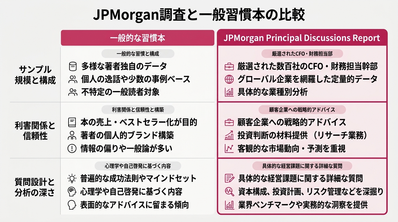JPMorgan調査と一般習慣本の違いを3軸で比較した表。縦軸: サンプル規模・利害関係・質問設計の深さ。横軸: 一般的な習慣本 vs JPMorgan Pri