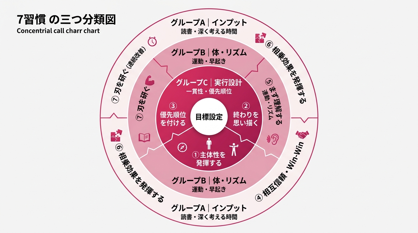 7習慣を3グループに分類した同心円図。中心に「目標設定」、内側にグループC（実行設計: 一貫性・優先順位）、中間にグループB（体・リズム: 運動・早起き）、外側