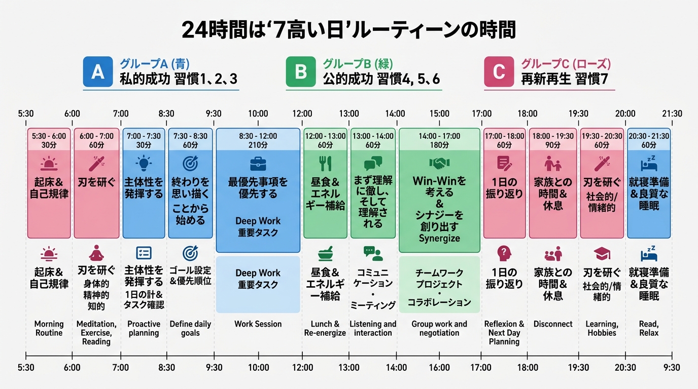 7習慣を1日のタイムスケジュールに落とした24時間ルーチン図。朝5:30〜夜21:30までの時間帯ごとに、各習慣を色分けで配置。グループA(青)・グループB(緑