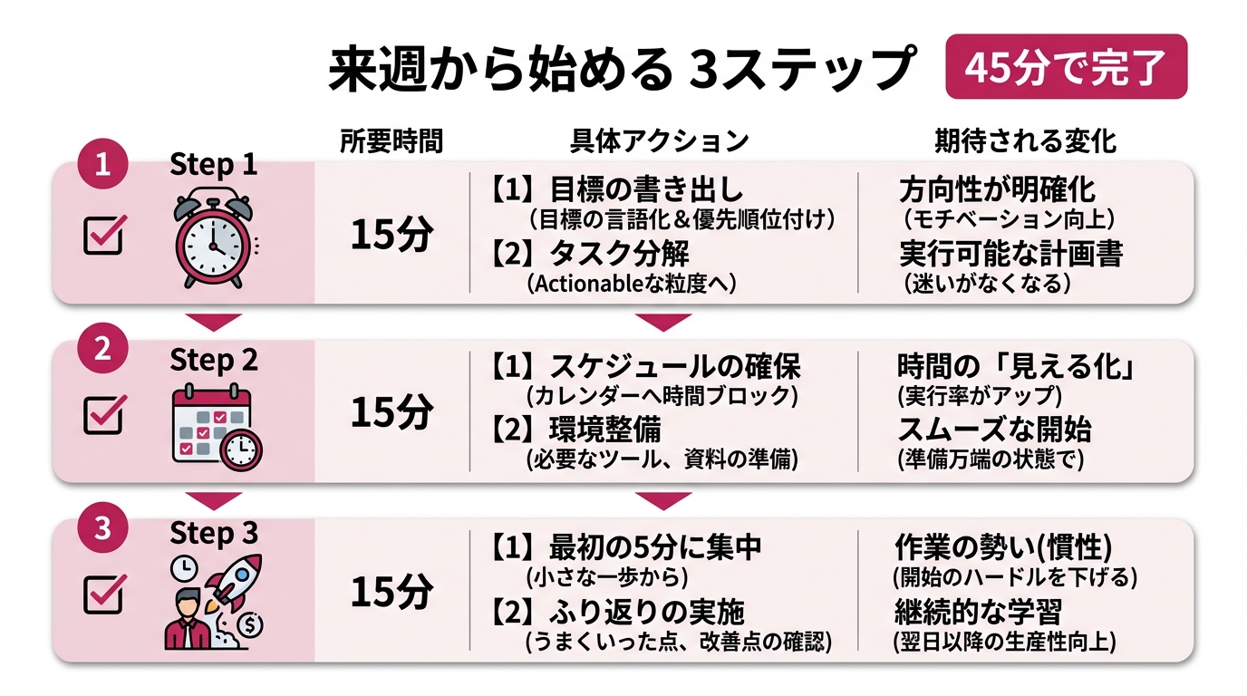 来週から始める3ステップを縦方向のチェックリスト形式で図解。各ステップに「所要時間」「具体アクション」「期待される変化」を3列で記載。全体に「45分で完了」のラ
