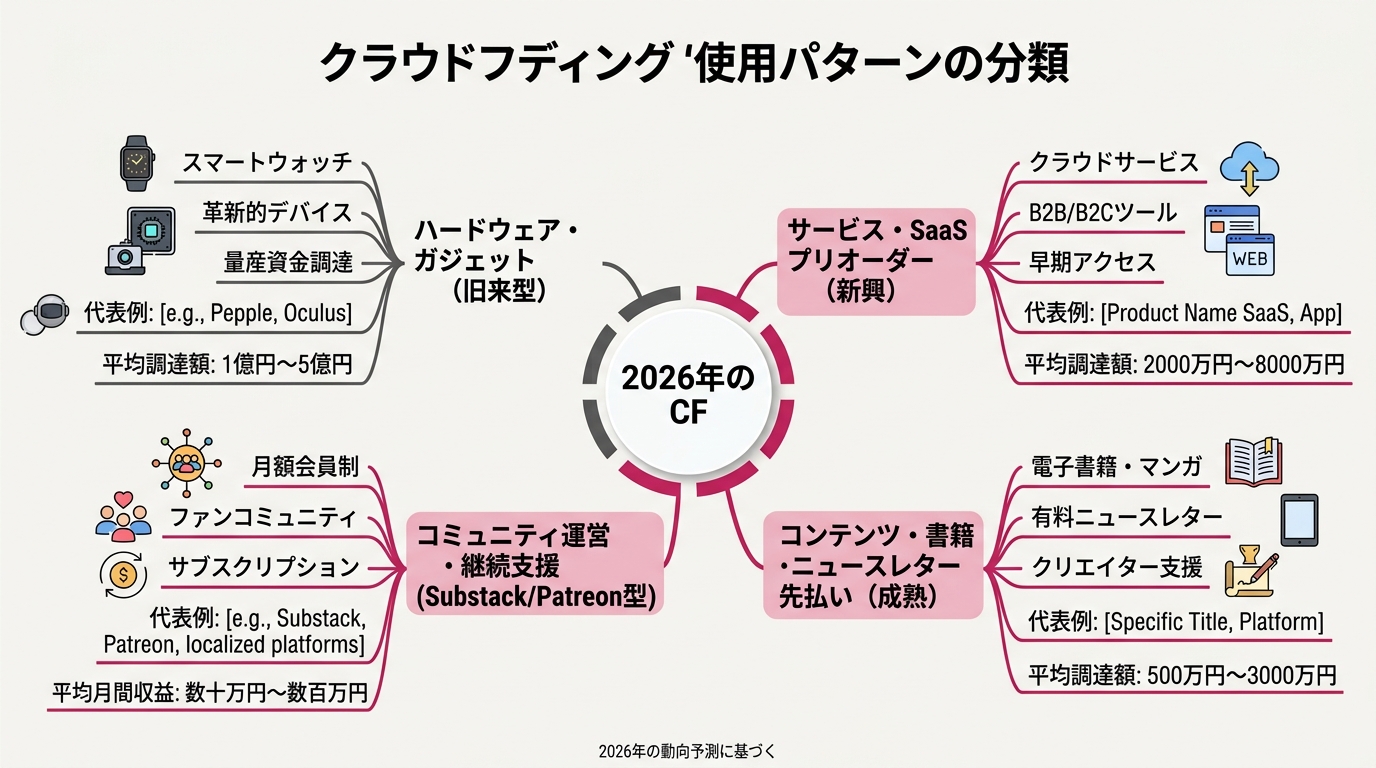クラウドファンディング活用パターンの分類図。中央に「2026年のCF」、放射状に4枝が伸びる。枝1「ハードウェア・ガジェット（旧来型）」、枝2「サービス・Saa