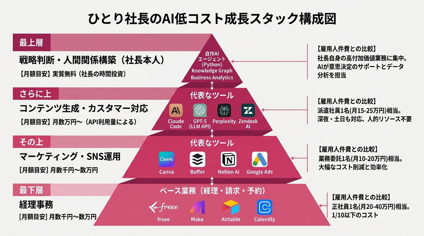 ひとり社長のAI低コスト成長スタック構成図。最下層「ベース業務（経理・請求・予約）」、その上「マーケティング・SNS運用」、さらに上「コンテンツ生成・カスタマー