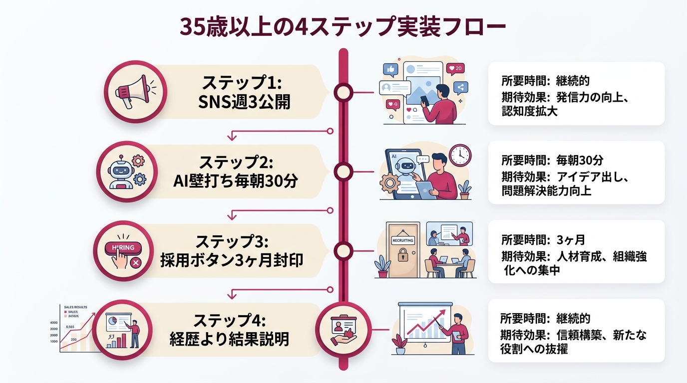 35歳以上の4ステップ実装フローを縦長タイムラインで配置。ステップ1「SNS週3公開」→ステップ2「AI壁打ち毎朝30分」→ステップ3「採用ボタン3ヶ月封印」→ステップ4「経歴より結果説明」を順番に配置し、各ステップの所要時間と期待効果を併記