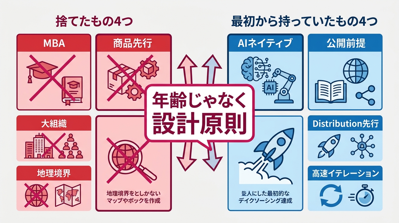 設計原則の4×2マトリックス。左半分「捨てたもの4つ（MBA・商品先行・大組織・地理境界）」を赤系で配置、右半分「最初から持っていたもの4つ（AIネイティブ・公開前提・Distribution先行・高速イテレーション）」を青系で配置。中央に「年齢じゃなく設計原則」と大きく書き、上下を矢印で対称配置