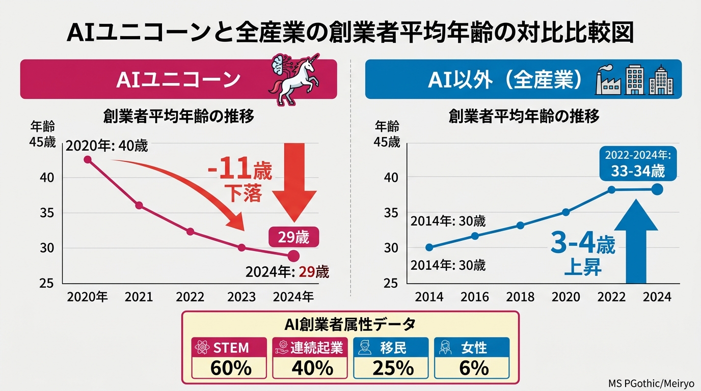 AIユニコーンと全産業の創業者平均年齢の対比比較図。左カラム「AIユニコーン: 2020年40歳から2024年29歳（11歳下落・赤い下向き矢印）」右カラム「AI以外: 2014年30歳から2022-2024年33-34歳（3-4歳上昇・青い上向き矢印）」中央下に「STEM 60%・連続起業40%・移民25%・女性6%」を表で配置