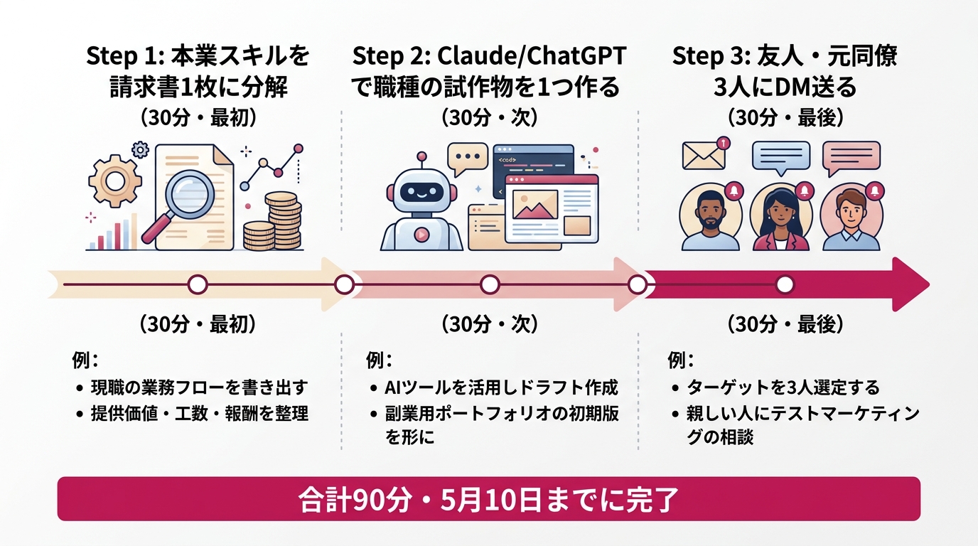 Horizontal 3-step timeline. Step 1 (30 min, first): "Break down your primary skill into a single invoice", Step 2 (30 min, next): "Build one prototype with Claude/ChatGPT", Step 3 (30 min, last): "DM 3 friends or former colleagues". Each step with a concrete example and icon. Footer: "90 minutes total · Complete by May 10." White background #F5F5F5, rose #c2185b accent.