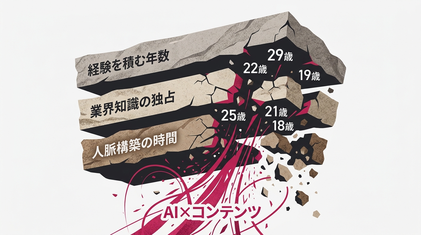 地層が崩れていくシーンの抽象イラスト。3層構造で、上から「経験を積む年数」「業界知識の独占」「人脈構築の時間」と書かれた層が、下から立ち上る「AI×コンテンツ」の上昇気流に押されて崩落している。崩落の隙間から「29歳」「22歳」「19歳」などの年齢数字が浮き上がる。白背景#F5F5F5、ローズ#c2185bアクセント、キャラなし