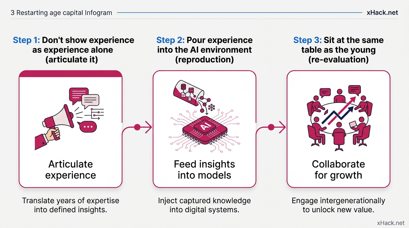 A diagram laying out 3 steps for restarting "age capital." Left to right: "Step 1: Don't show experi