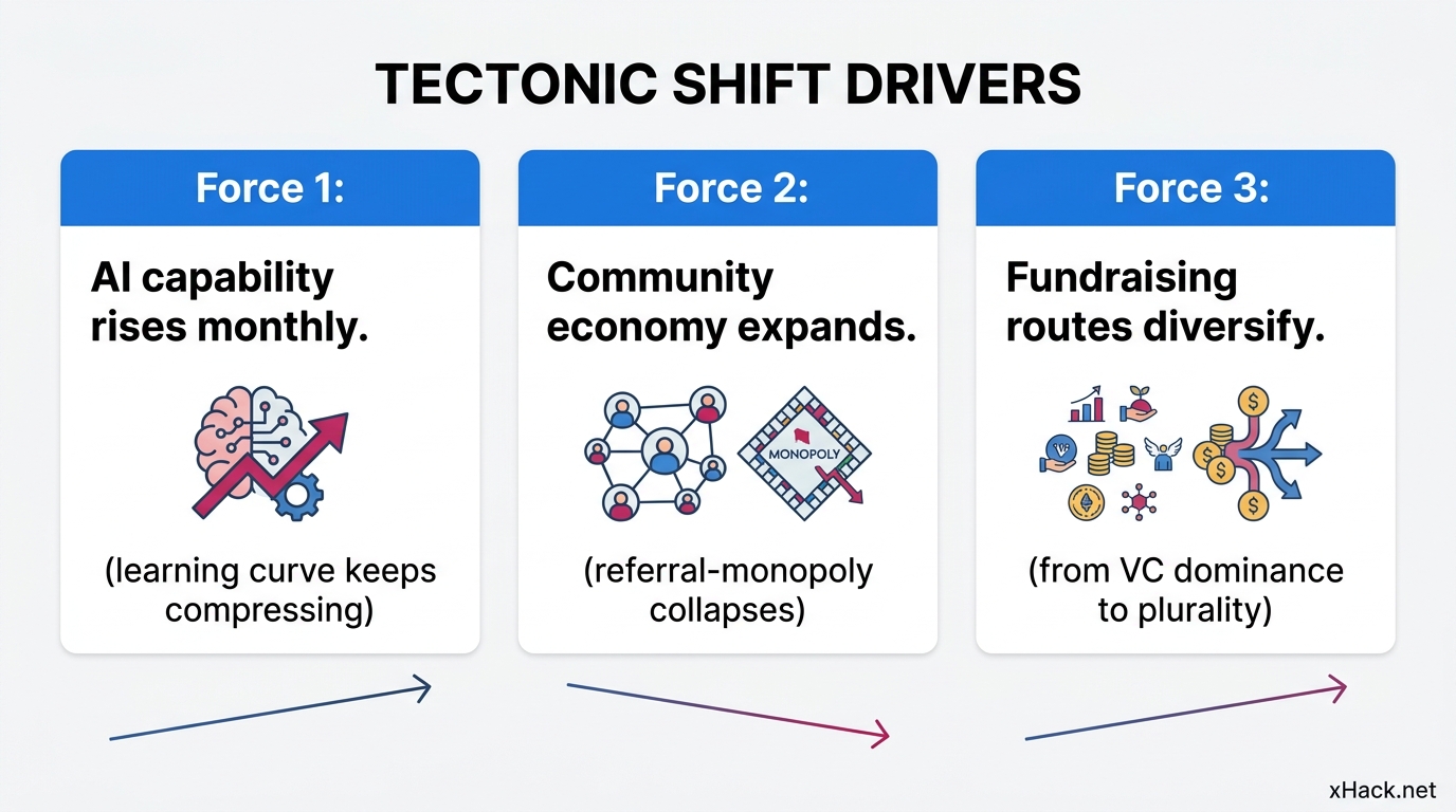 A diagram showing 3 forces driving the ongoing "tectonic shift." Left to right: "Force 1: AI capabil